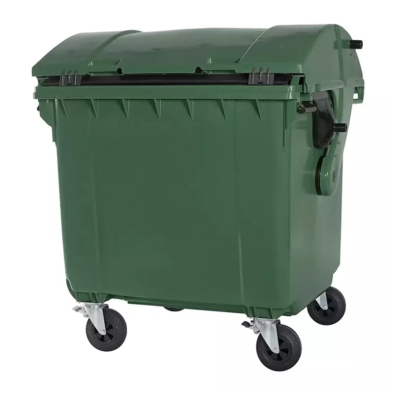Kunststof afvalcontainer 1100 liter ronde deksel met vier wielen groen