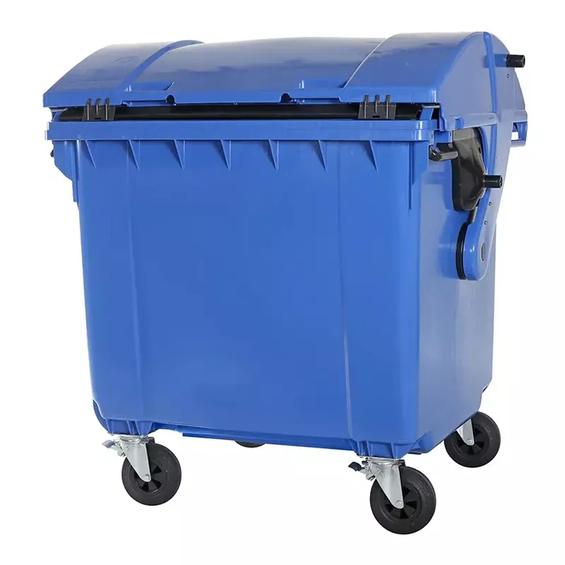 Kunststof afvalcontainer 1100 liter ronde deksel met vier wielen blauw