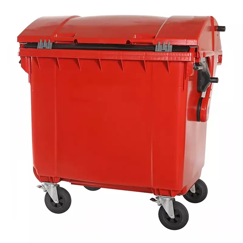 Kunststof afvalcontainer 1100 liter ronde deksel met vier wielen rood