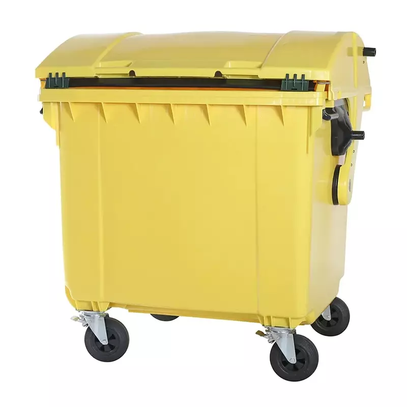 Kunststof afvalcontainer 1100 liter ronde deksel met vier wielen geel