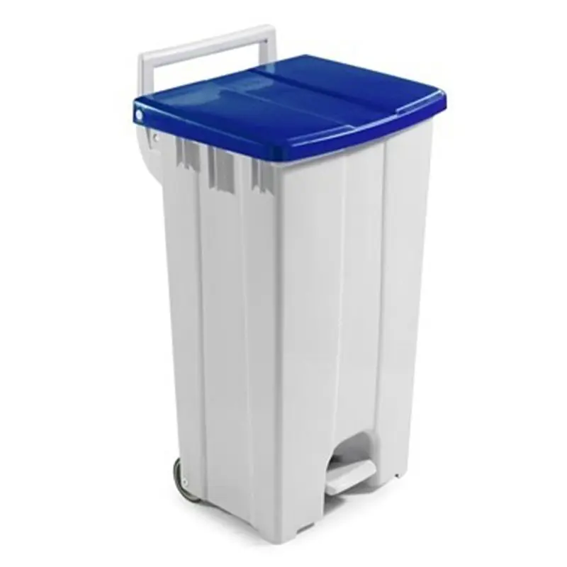Pedaalemmer 2-wielen kunststof 510x470x930 mm 90 liter wit/blauw