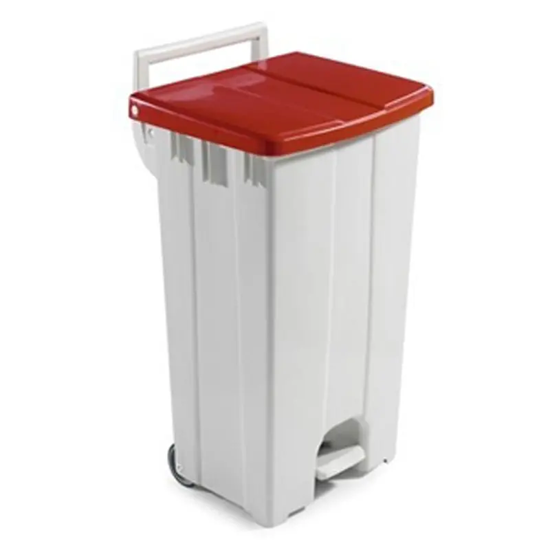 Pedaalemmer 2-wielen kunststof 510x470x930 mm 90 liter wit/rood