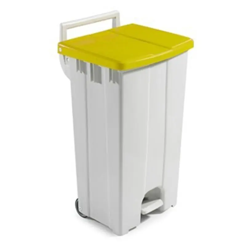 Pedaalemmer 2-wielen kunststof 510x470x930 mm 90 liter wit/geel