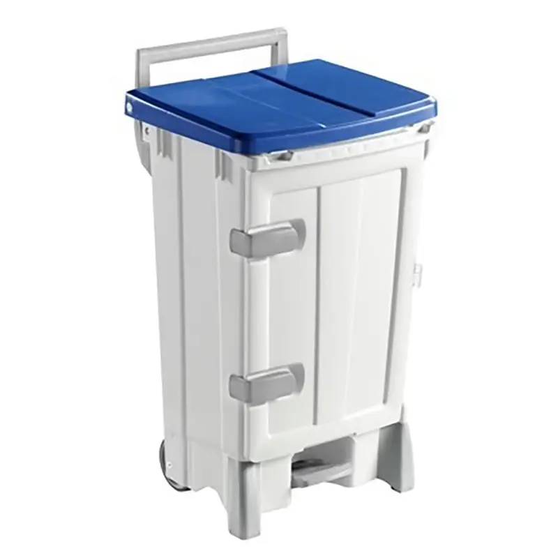 Kunststof pedaalemmer met deur verrijdbaar 90 liter wit/blauw