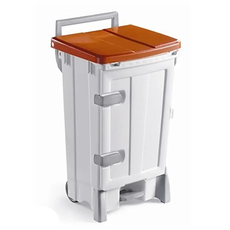 Kunststof pedaalemmer met deur verrijdbaar 90 liter wit/rood