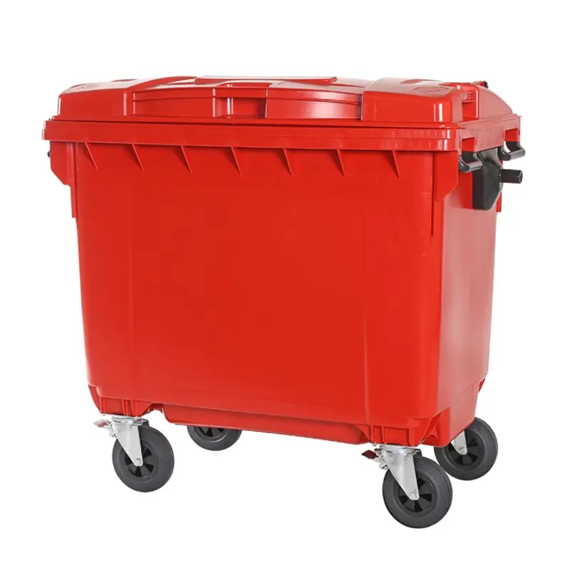 Kunststof afvalcontainer 660 liter met vier wielen rood