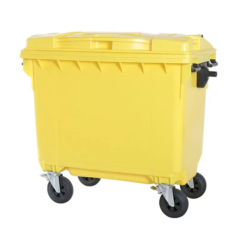 Kunststof afvalcontainer 660 liter met vier wielen geel