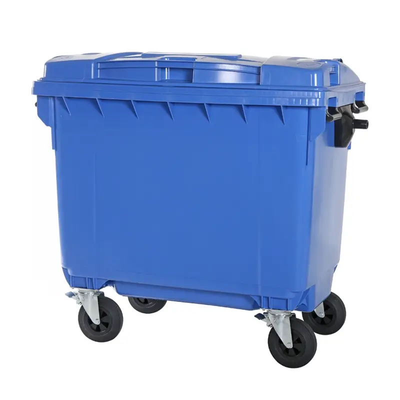 Kunststof afvalcontainer 660 liter met vier wielen blauw