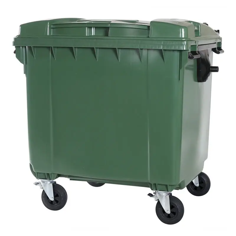Kunststof afvalcontainer 1100 liter vlakke deksel met vier wielen groen