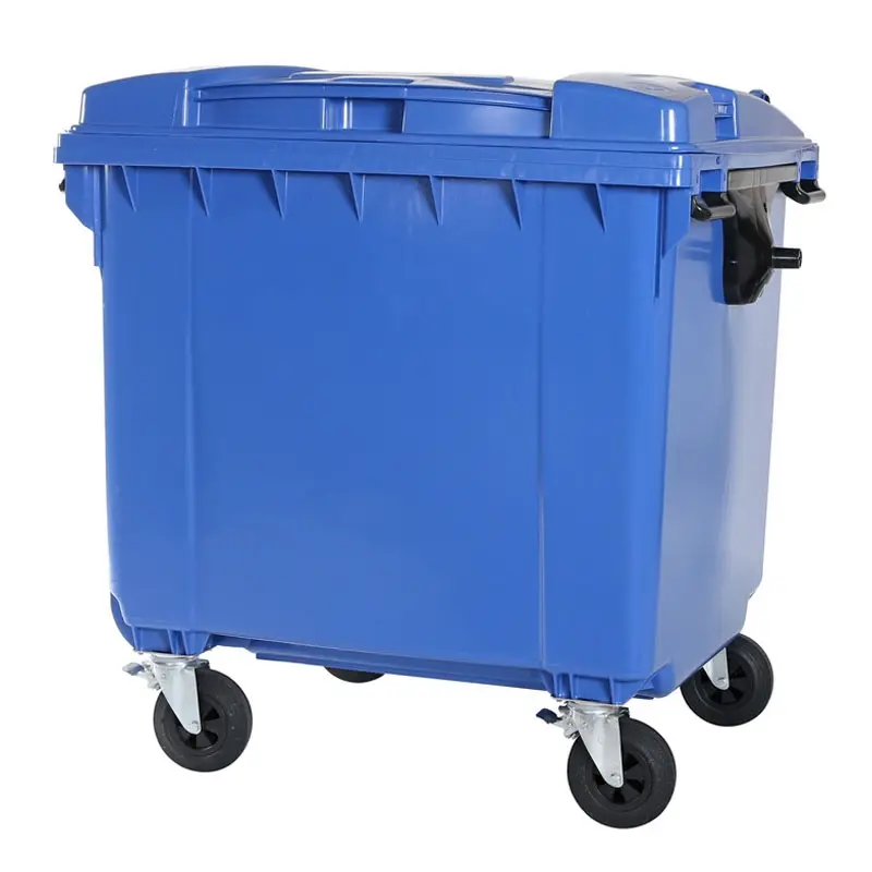 Kunststof afvalcontainer 1100 liter vlakke deksel met vier wielen blauw