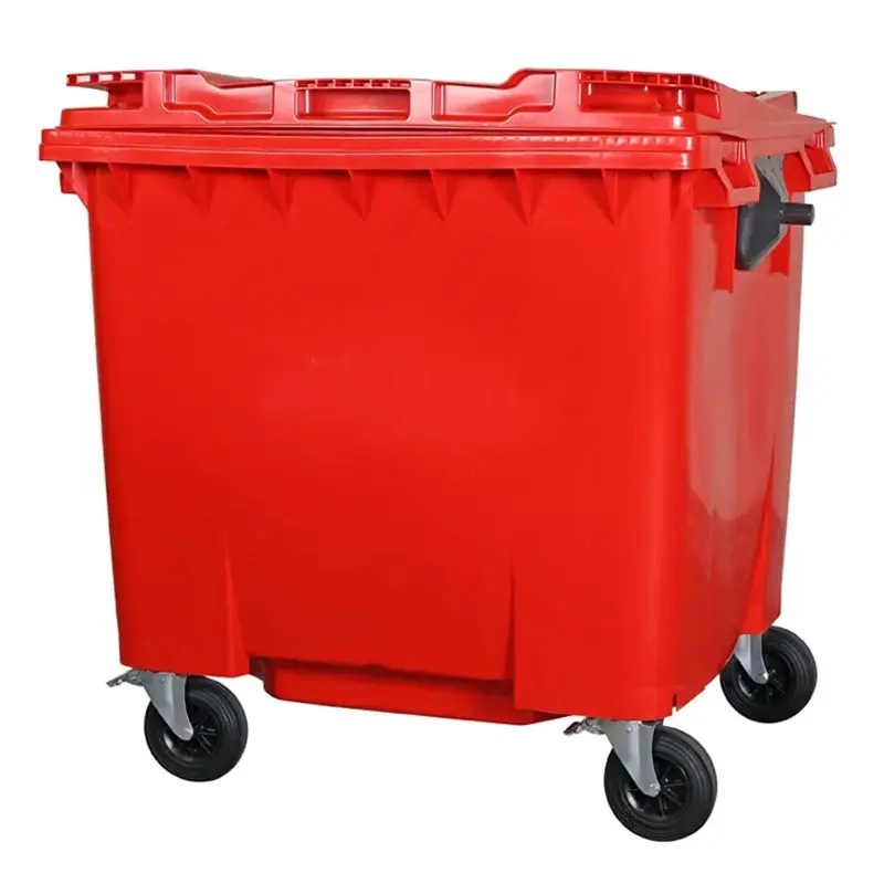 Kunststof afvalcontainer 1100 liter vlakke deksel met vier wielen rood