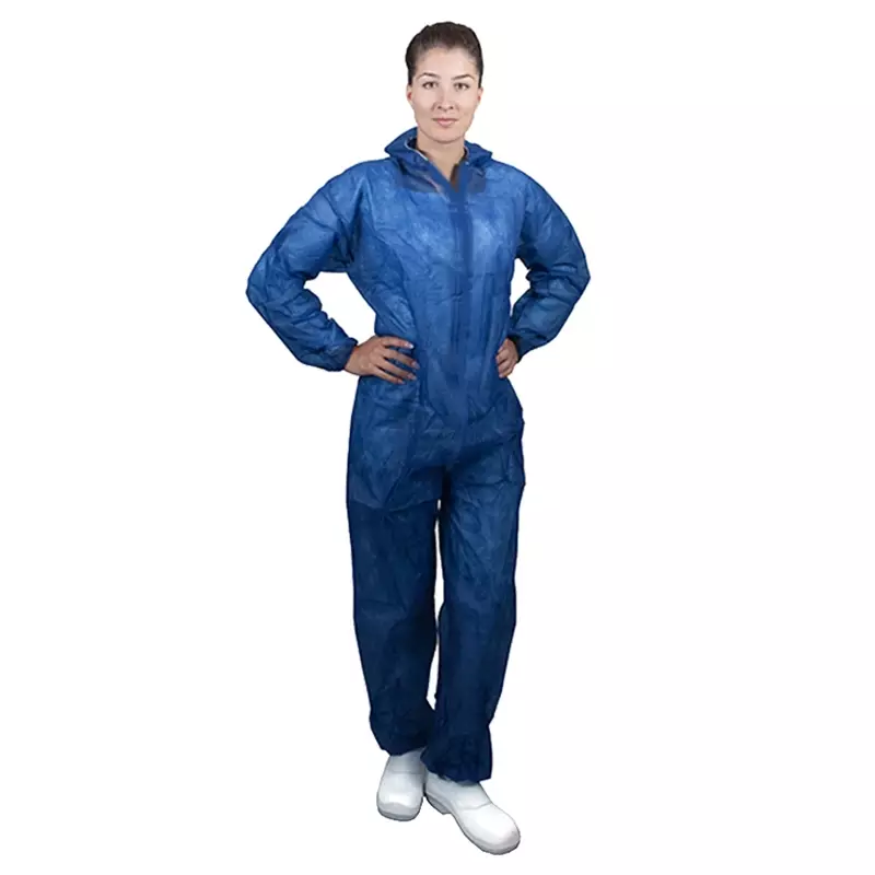 Disposable overall klittenband en capuchon non-woven polypropyleen blauw