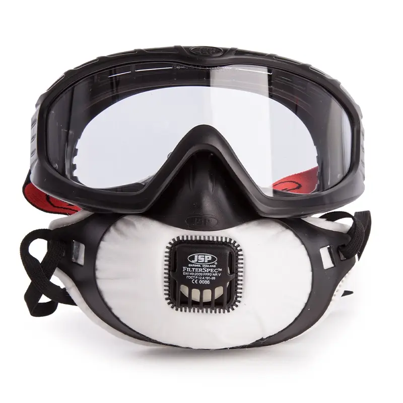 JSP Filterspec PRO stofmasker en overzetbril FFP3 met uitademventiel