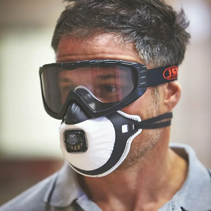 JSP Filterspec PRO stofmasker en overzetbril FFP3 met uitademventiel