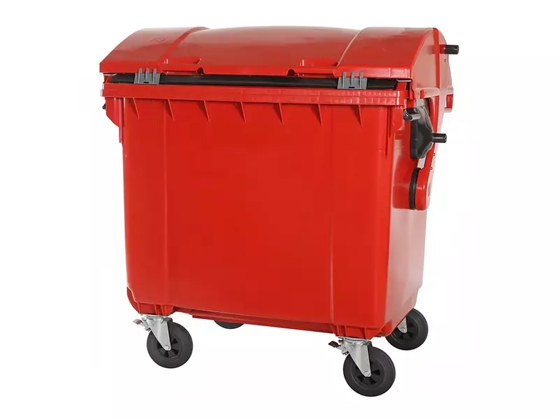 Kunststof afvalcontainer 1100 liter ronde deksel met vier wielen rood
