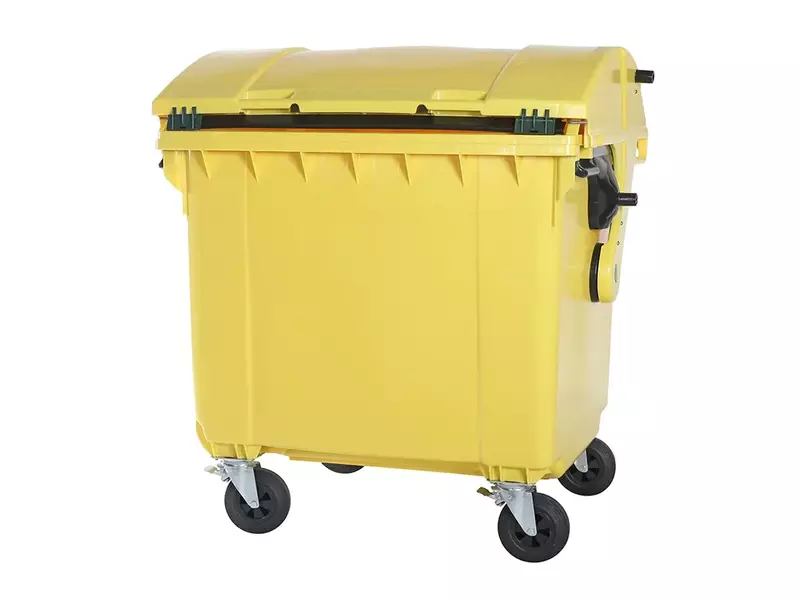 Kunststof afvalcontainer 1100 liter ronde deksel met vier wielen geel