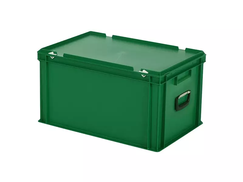 Stapelbak met deksel en koffergreep Euronorm 600x400x335 mm 64 liter groen