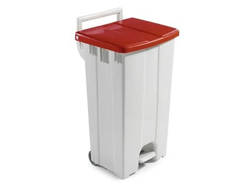 Pedaalemmer 2-wielen kunststof 510x470x930 mm 90 liter wit/rood
