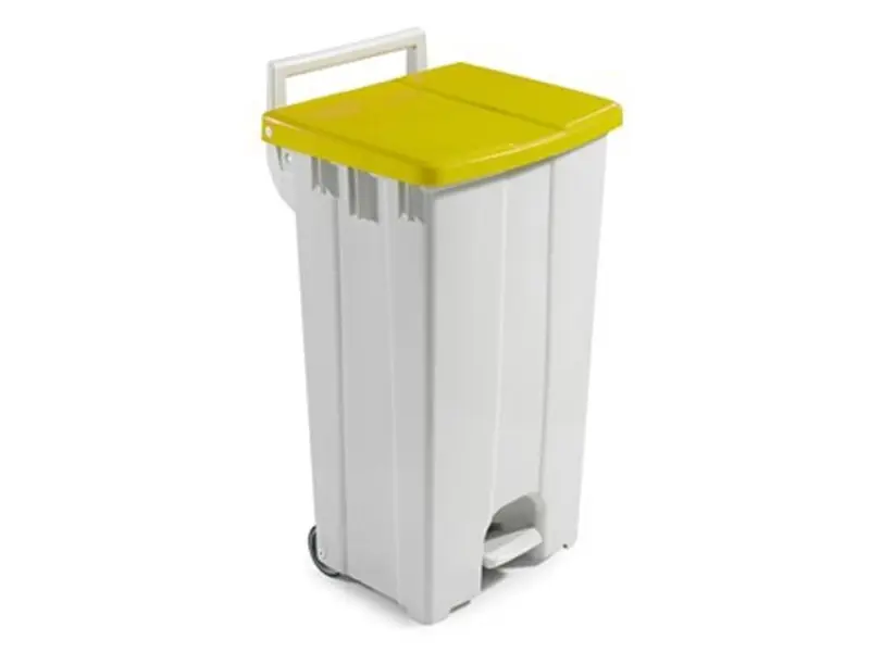 Pedaalemmer 2-wielen kunststof 510x470x930 mm 90 liter wit/geel