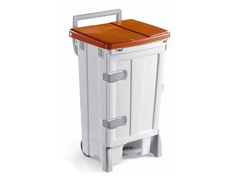 Kunststof pedaalemmer met deur verrijdbaar 90 liter wit/rood