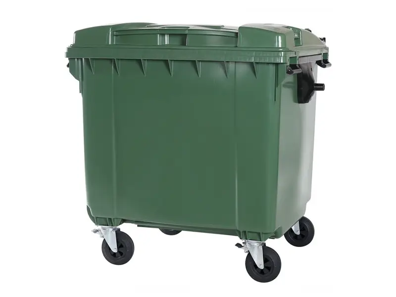 Kunststof afvalcontainer 1100 liter vlakke deksel met vier wielen groen