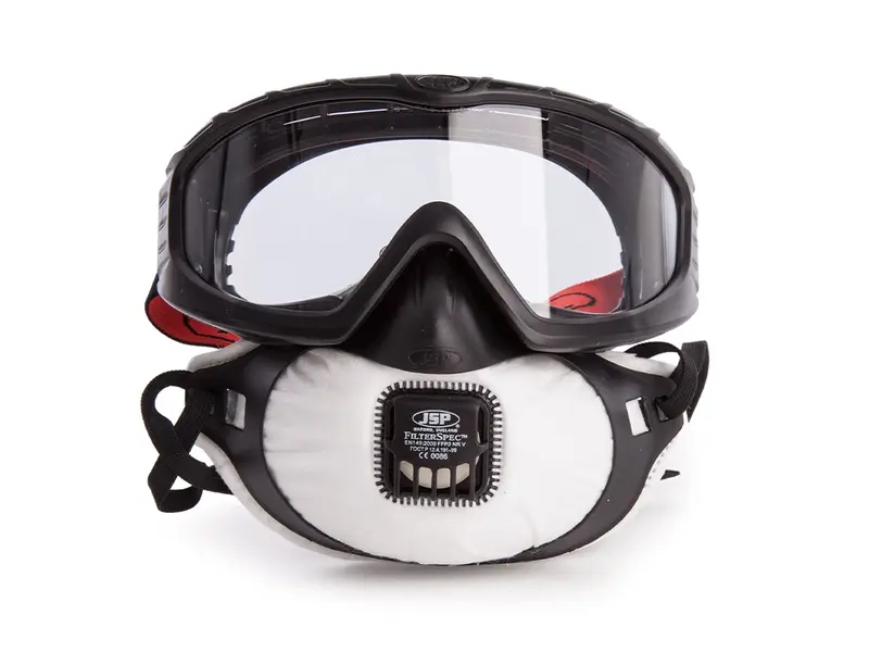 JSP Filterspec PRO stofmasker en overzetbril FFP3 met uitademventiel
