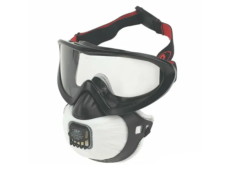 JSP Filterspec PRO stofmasker en overzetbril FFP3 met uitademventiel
