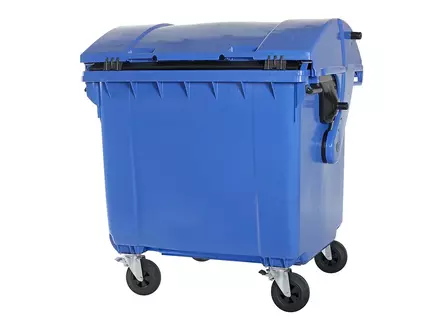 Kunststof afvalcontainer 1100 liter ronde deksel met vier wielen blauw