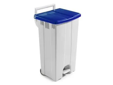 Pedaalemmer 2-wielen kunststof 510x470x930 mm 90 liter wit/blauw