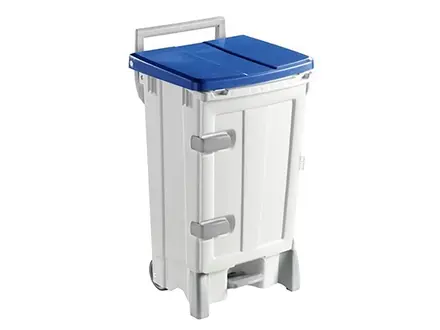 Kunststof pedaalemmer met deur verrijdbaar 90 liter wit/blauw