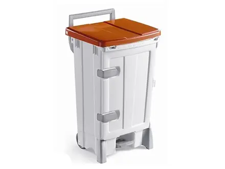 Kunststof pedaalemmer met deur verrijdbaar 90 liter wit/rood
