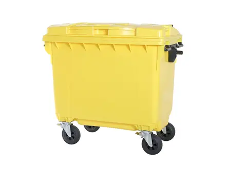 Kunststof afvalcontainer 660 liter met vier wielen geel
