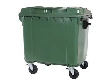 Kunststof afvalcontainer 1100 liter vlakke deksel met vier wielen groen