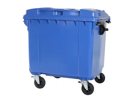 Kunststof afvalcontainer 1100 liter vlakke deksel met vier wielen blauw