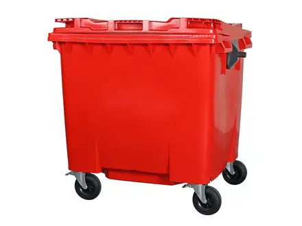Kunststof afvalcontainer 1100 liter vlakke deksel met vier wielen rood